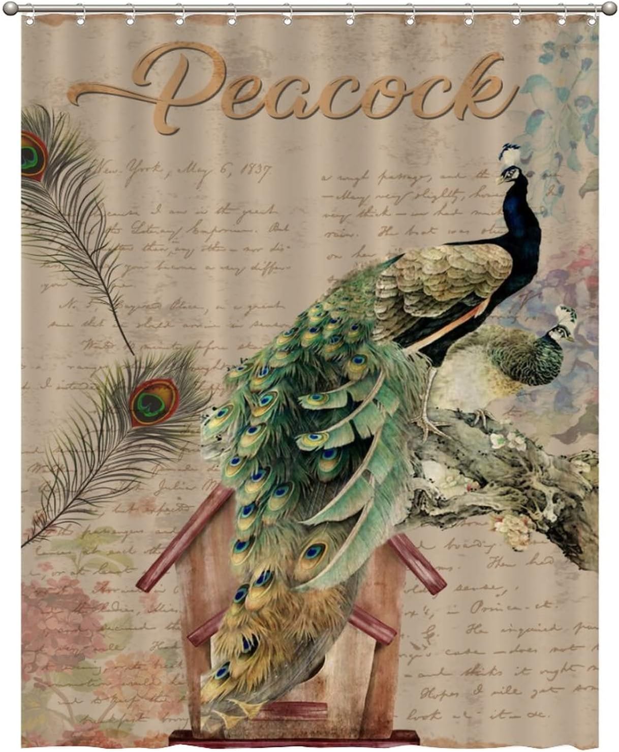 Retro Peacock Floral Shower Curtain with Letter Background - Waterproof Curtain for Bathroom