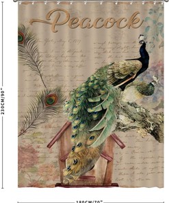 Retro Peacock Floral Shower Curtain with Letter Background - Waterproof Curtain for Bathroom