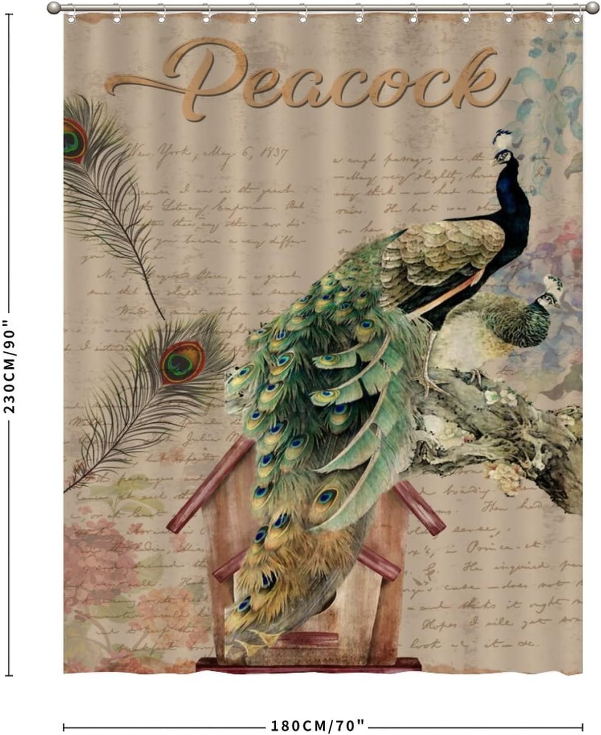 Retro Peacock Floral Shower Curtain with Letter Background - Waterproof Curtain for Bathroom