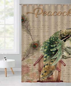 Retro Peacock Floral Shower Curtain with Letter Background - Waterproof Curtain for Bathroom