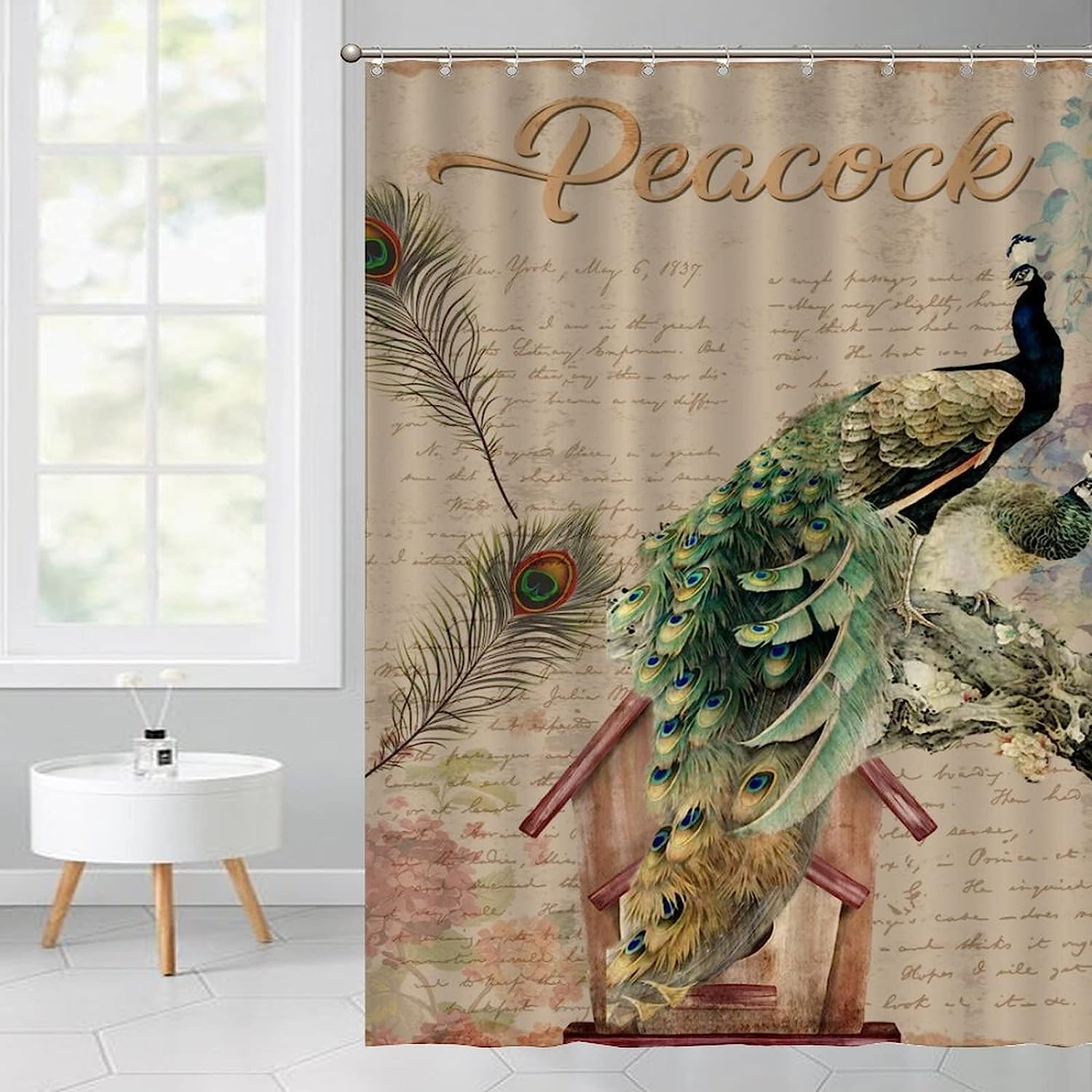 Retro Peacock Floral Shower Curtain with Letter Background - Waterproof Curtain for Bathroom