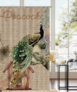 Retro Peacock Floral Shower Curtain with Letter Background - Waterproof Curtain for Bathroom