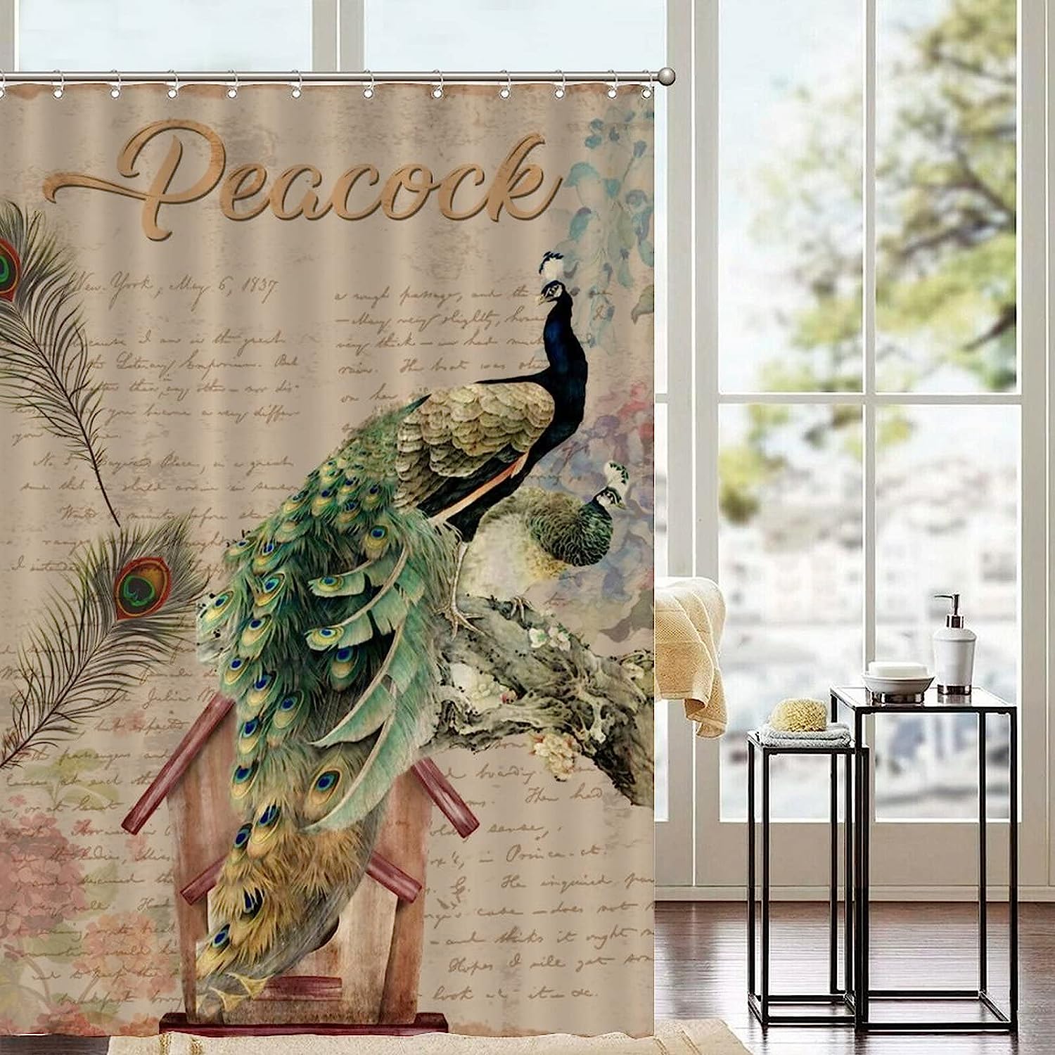 Retro Peacock Floral Shower Curtain with Letter Background - Waterproof Curtain for Bathroom