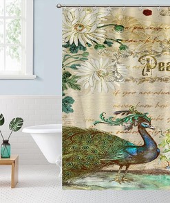 Retro Peacock Flower Quotes Shower Curtain with Postmark Stamp - Vintage Bathtub Decor