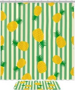 Retro Pineapple Stripes Shower Curtain with Waterproof Fabric - Colorful Bathroom Curtain
