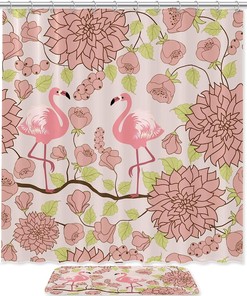 Retro Pink Flamingo Shower Curtain with Floral Design - Cute Fabric Curtain for Bathroom