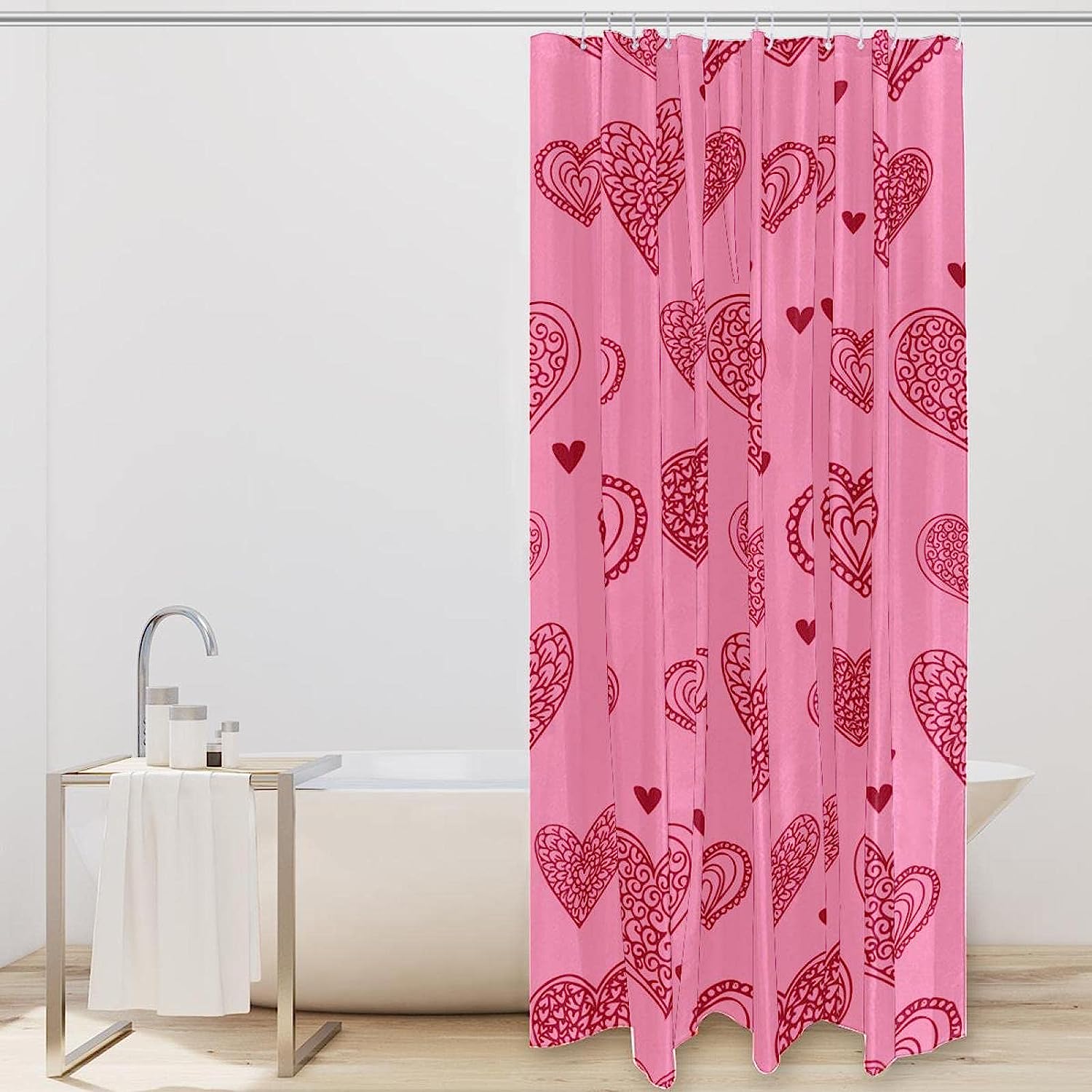 Retro Pink Love Heart Pattern Shower Curtain - Bathroom Decor for Couples