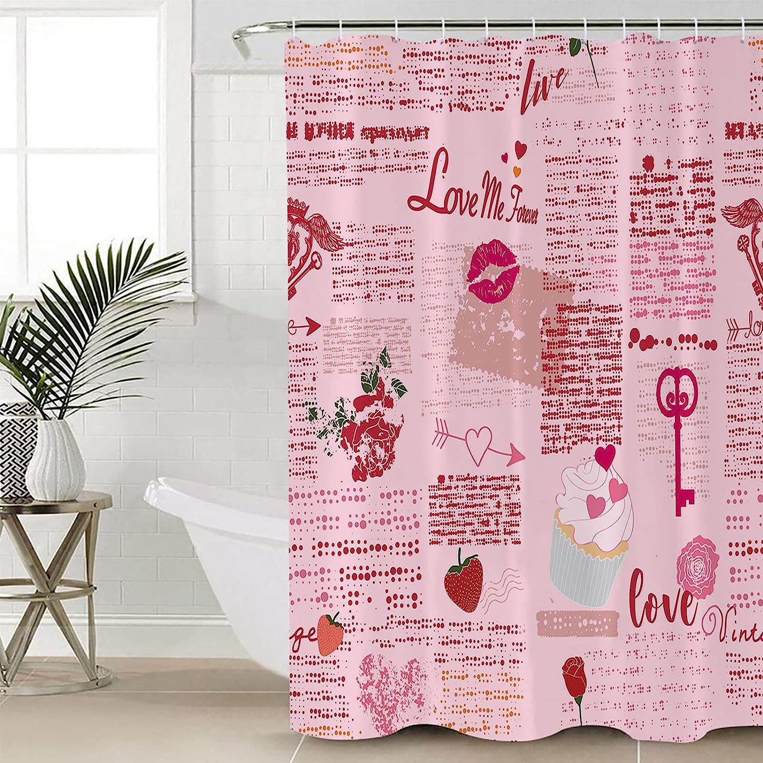 Retro Pink Red Love Heart Shower Curtain With Vintage Prints For A Romantic Feel