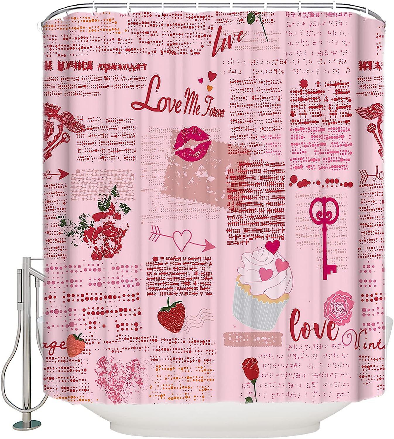 Retro Pink Red Love Heart Shower Curtain With Vintage Prints For A Romantic Feel - Image 2