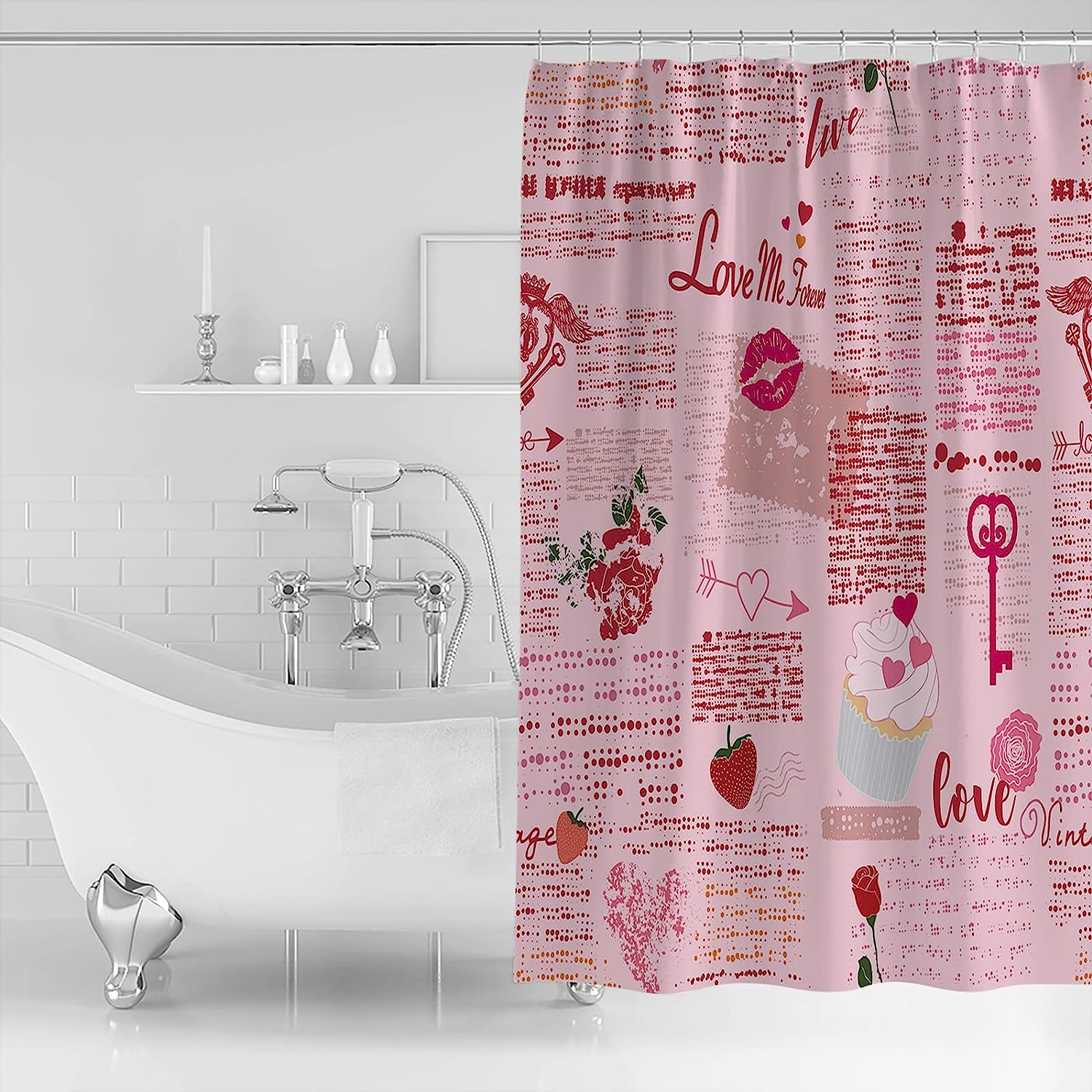 Retro Pink Red Love Heart Shower Curtain With Vintage Prints For A Romantic Feel - Image 3