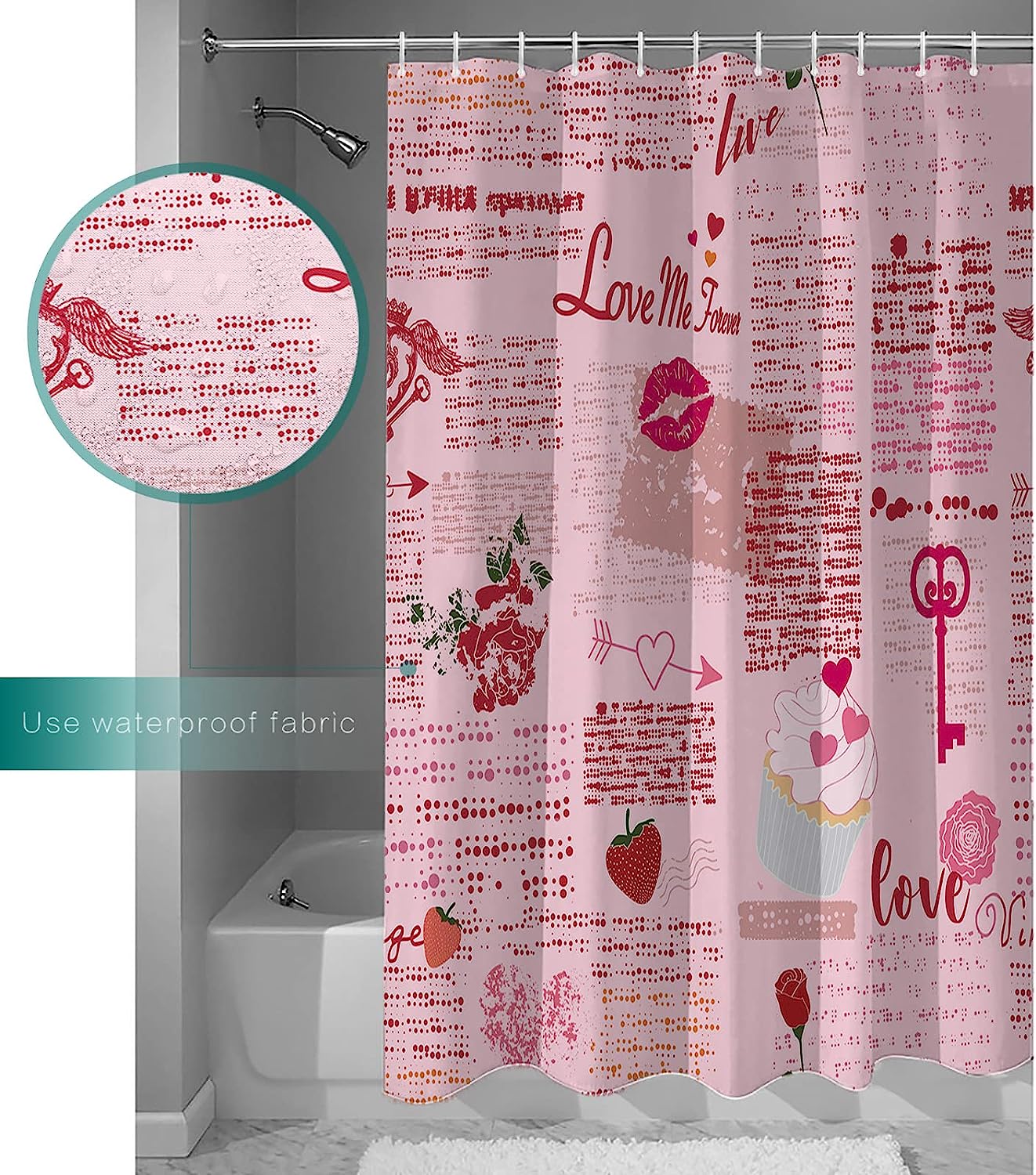 Retro Pink Red Love Heart Shower Curtain With Vintage Prints For A Romantic Feel - Image 4