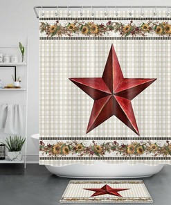 Retro Plaid Pattern Shower Curtain - Texas Star Sunflower Bathroom Decor