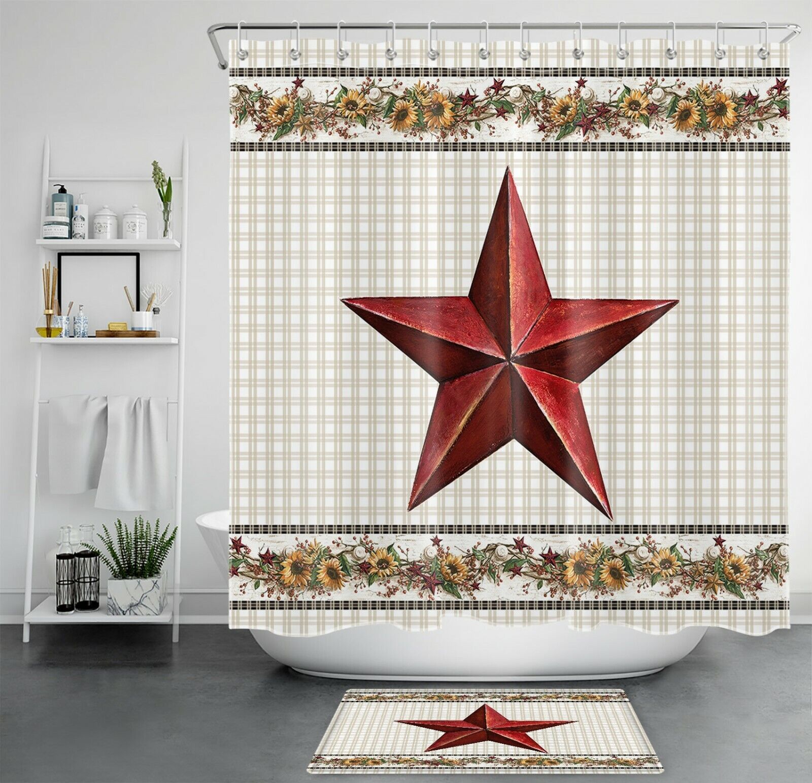 Retro Plaid Pattern Shower Curtain - Texas Star Sunflower Bathroom Decor