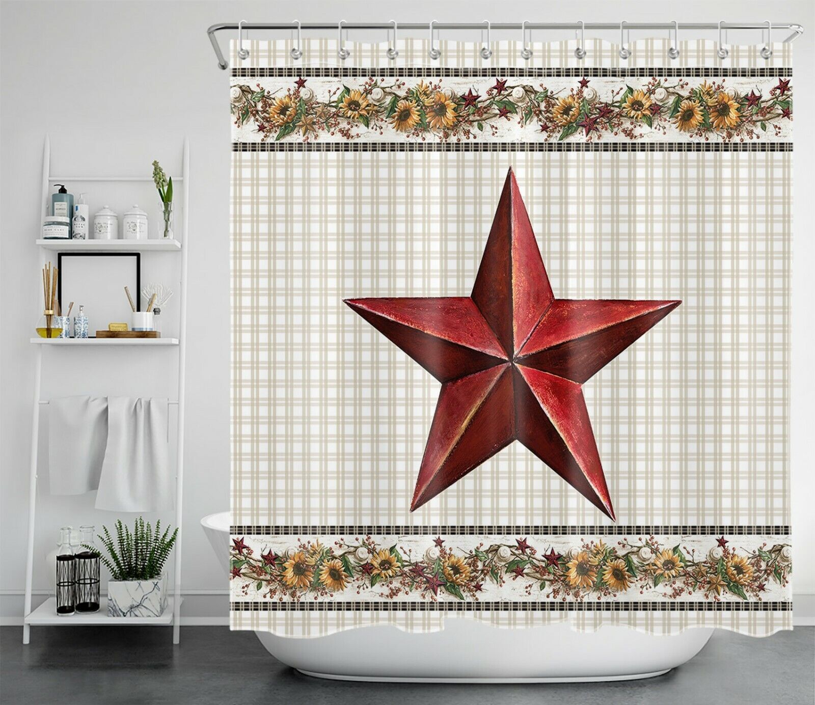 Retro Plaid Pattern Shower Curtain - Texas Star Sunflower Bathroom Decor - Image 2