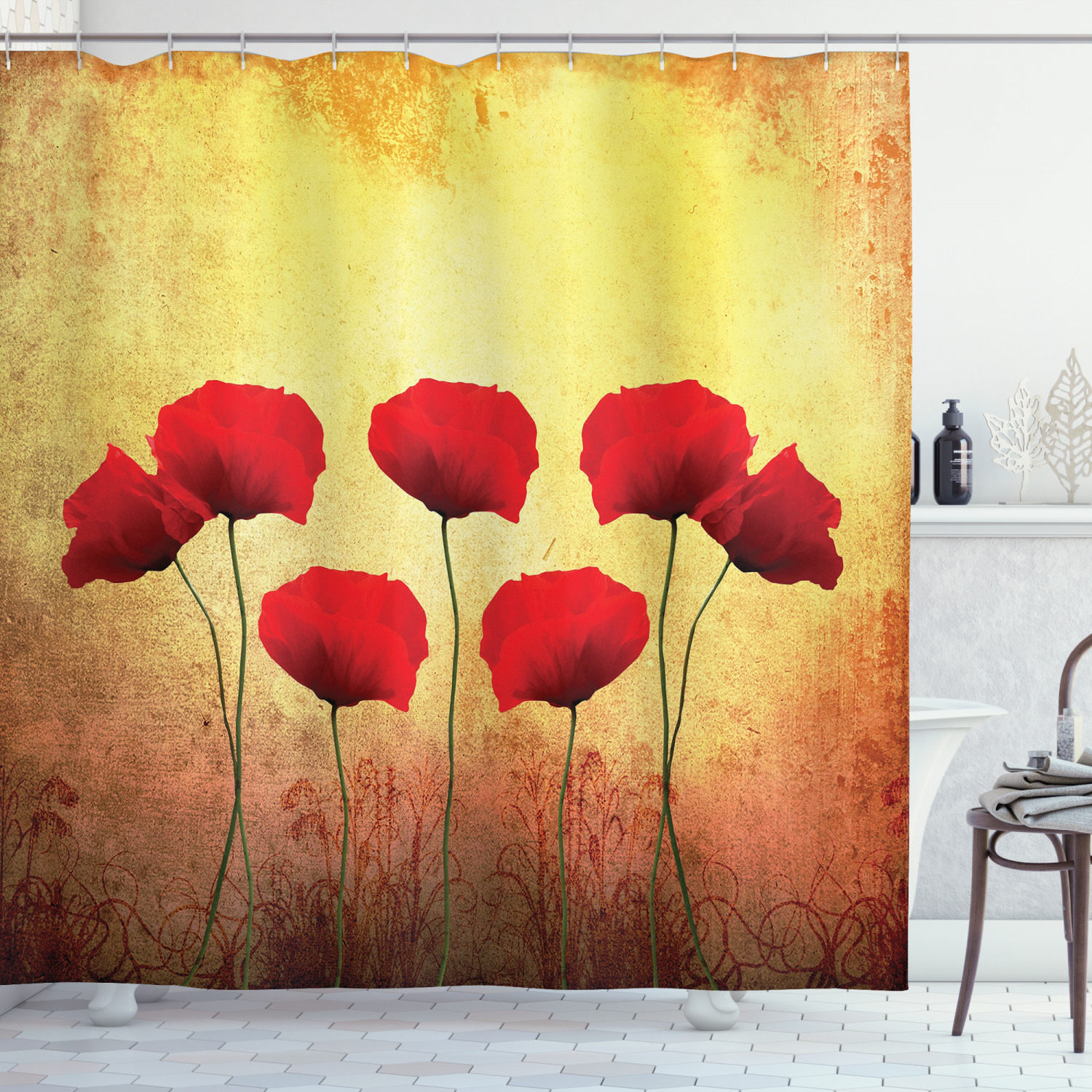 Retro Poppy Flowers Print Shower Curtain For Bathroom
