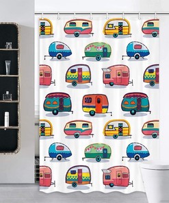 Retro RV Fun Camping Happy Camper Stall Shower Curtain Set for Camper Bathroom