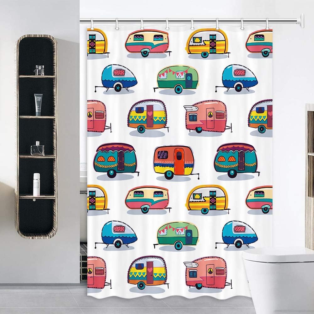 Retro RV Fun Camping Happy Camper Stall Shower Curtain Set for Camper Bathroom