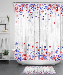 Retro Red Blue Stars Independence Day Shower Curtain - Patriotic Bathroom Accessories Set