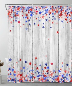 Retro Red Blue Stars Independence Day Shower Curtain - Patriotic Bathroom Accessories Set