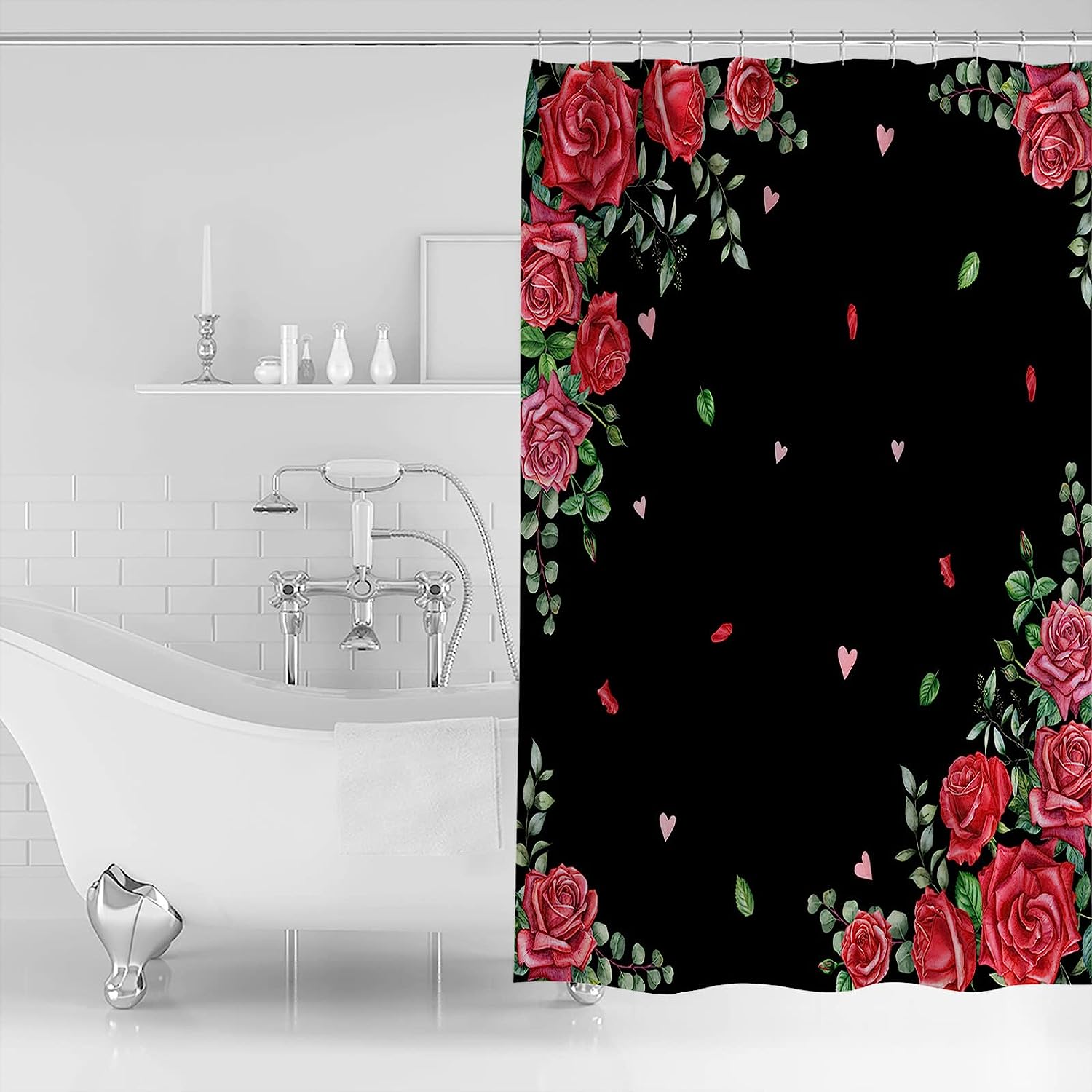 Retro Red Pink Flower Love Heart Valentine's Day Shower Curtain