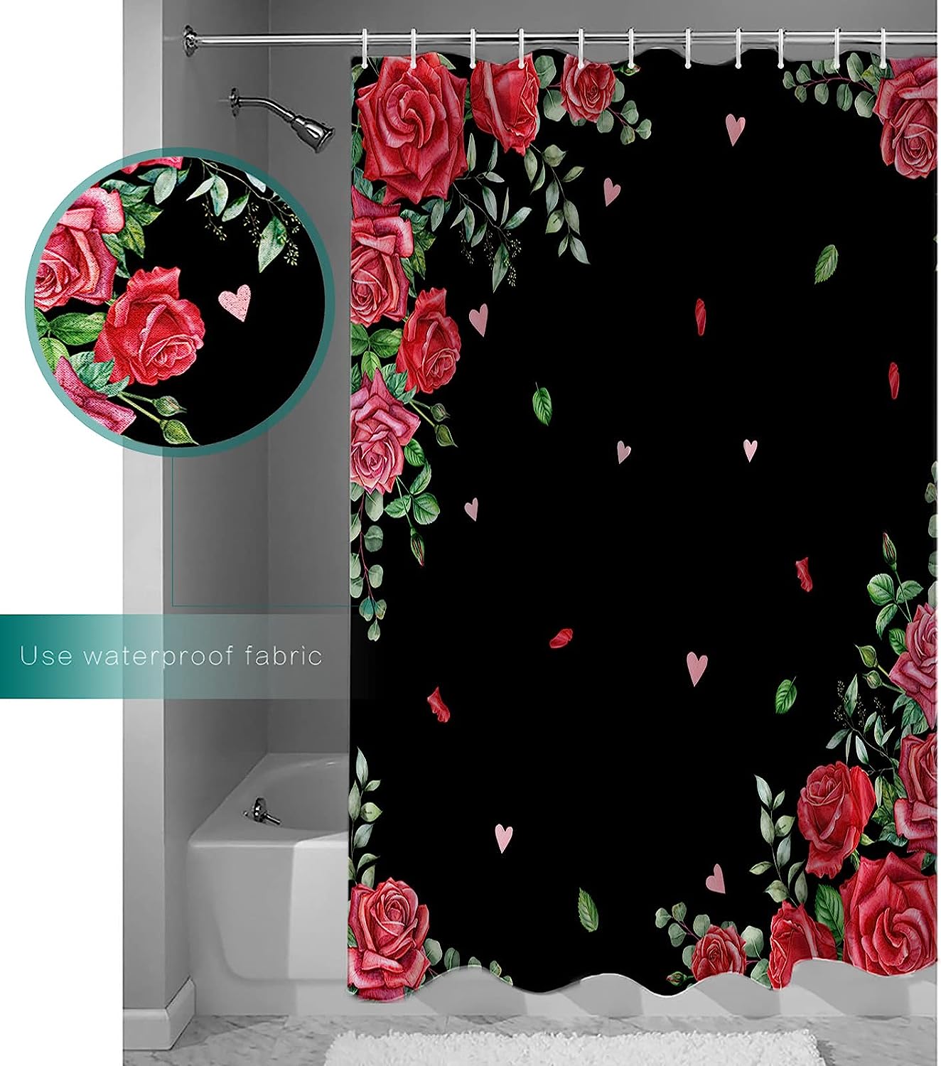 Retro Red Pink Flower Love Heart Valentine's Day Shower Curtain