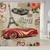 Retro Romantic Eiffel Tower Paris Shower Curtain with Pink Rose Flowers and Newspaper Design