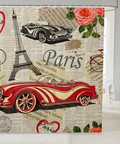 Retro Romantic Eiffel Tower Paris Shower Curtain with Pink Rose Flowers and Newspaper Design