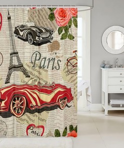 Retro Romantic Eiffel Tower Paris Shower Curtain with Pink Rose Flowers and Newspaper Design
