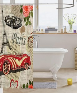 Retro Romantic Eiffel Tower Paris Shower Curtain with Pink Rose Flowers and Newspaper Design