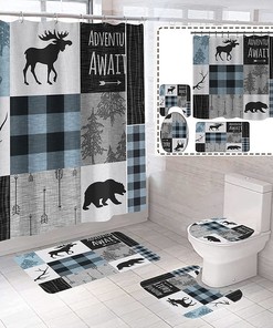 Retro Rustic Lodge Bear Moose Deer Shower Curtain and Bathroom Theme Set