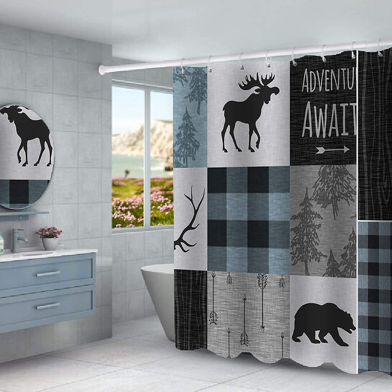 Retro Rustic Lodge Bear Moose Deer Shower Curtain and Bathroom Theme Set