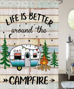 Retro Rustic Wood Neutral Color Travel Bath Curtain For A Happy Camper Bathroom