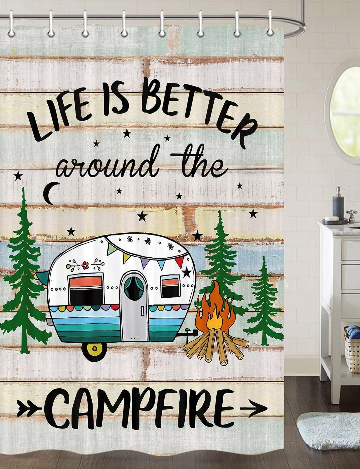 Retro Rustic Wood Neutral Color Travel Bath Curtain For A Happy Camper Bathroom