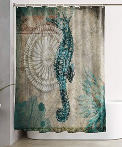 Retro Seahorse and Floral Shower Curtain with Shabby Chic Backdrop for Vintage Bathroom Decor