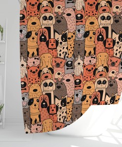 Retro Shower Curtain with Cute Dogs Pattern for Bathroom Decoration 