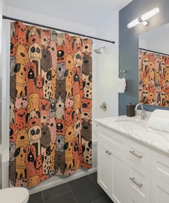 Retro Shower Curtain with Cute Dogs Pattern for Bathroom Decoration 