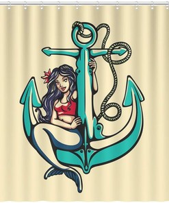 Retro Siren Mermaid Shower Curtain, Pin Up Women Fish With Retro Sail Anchor Fabric