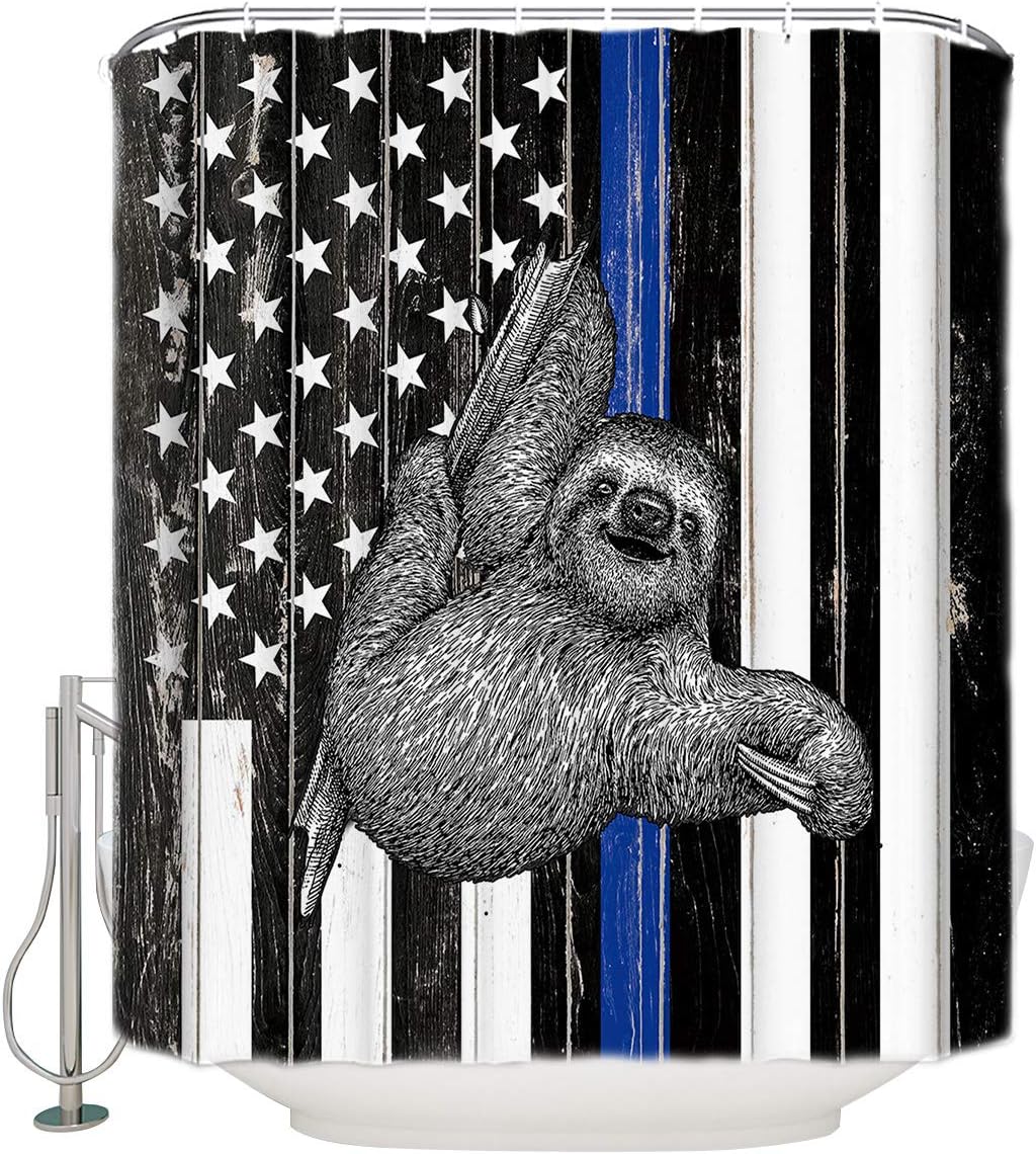 Retro Sloth American Flag Shower Curtain - Lightweight Machine Washable Waterproof Fabric Bathroom Accessory