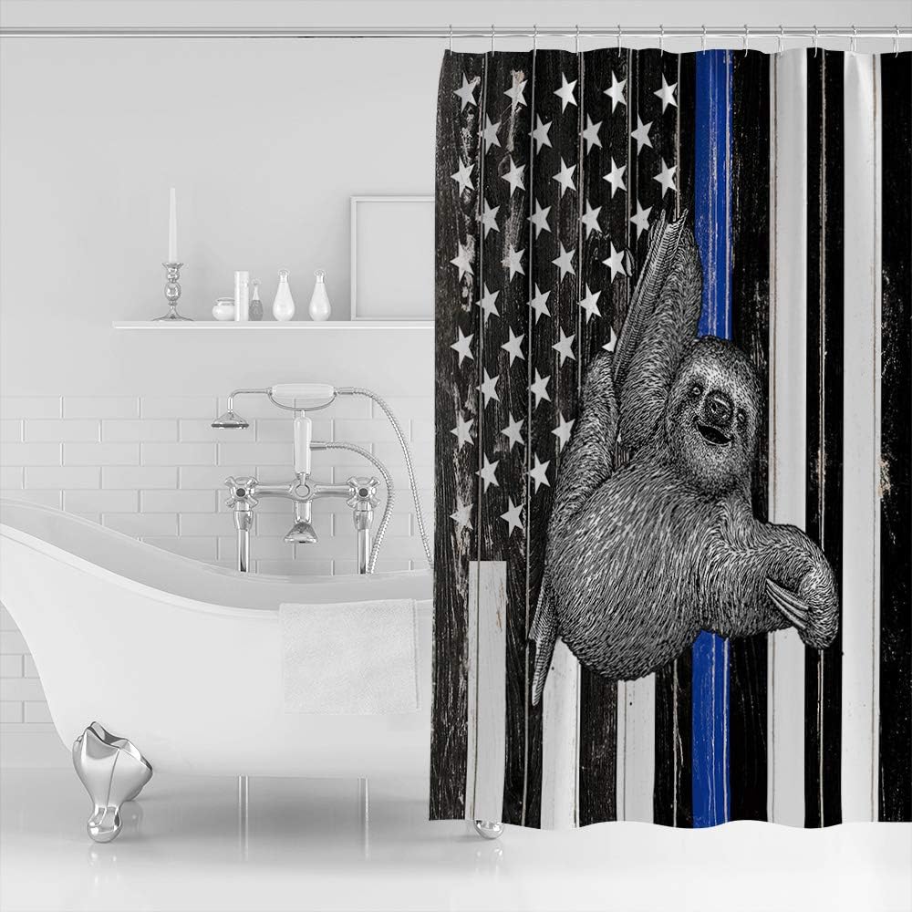 Retro Sloth American Flag Shower Curtain - Lightweight Machine Washable Waterproof Fabric Bathroom Accessory