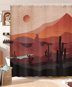 Retro Southwestern Boho Western Shower Curtain, Mountain Cactus Arizona Desert Sunset Print, Bathroom Decor