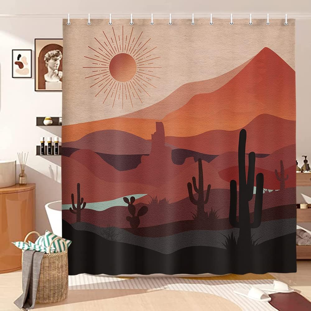 Retro Southwestern Boho Western Shower Curtain, Mountain Cactus Arizona Desert Sunset Print, Bathroom Decor