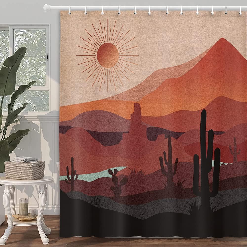 Retro Southwestern Boho Western Shower Curtain, Mountain Cactus Arizona Desert Sunset Print, Bathroom Decor - Image 2