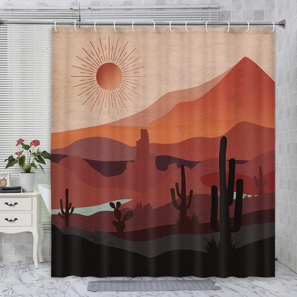 Retro Southwestern Boho Western Shower Curtain, Mountain Cactus Arizona Desert Sunset Print, Bathroom Decor - Image 3