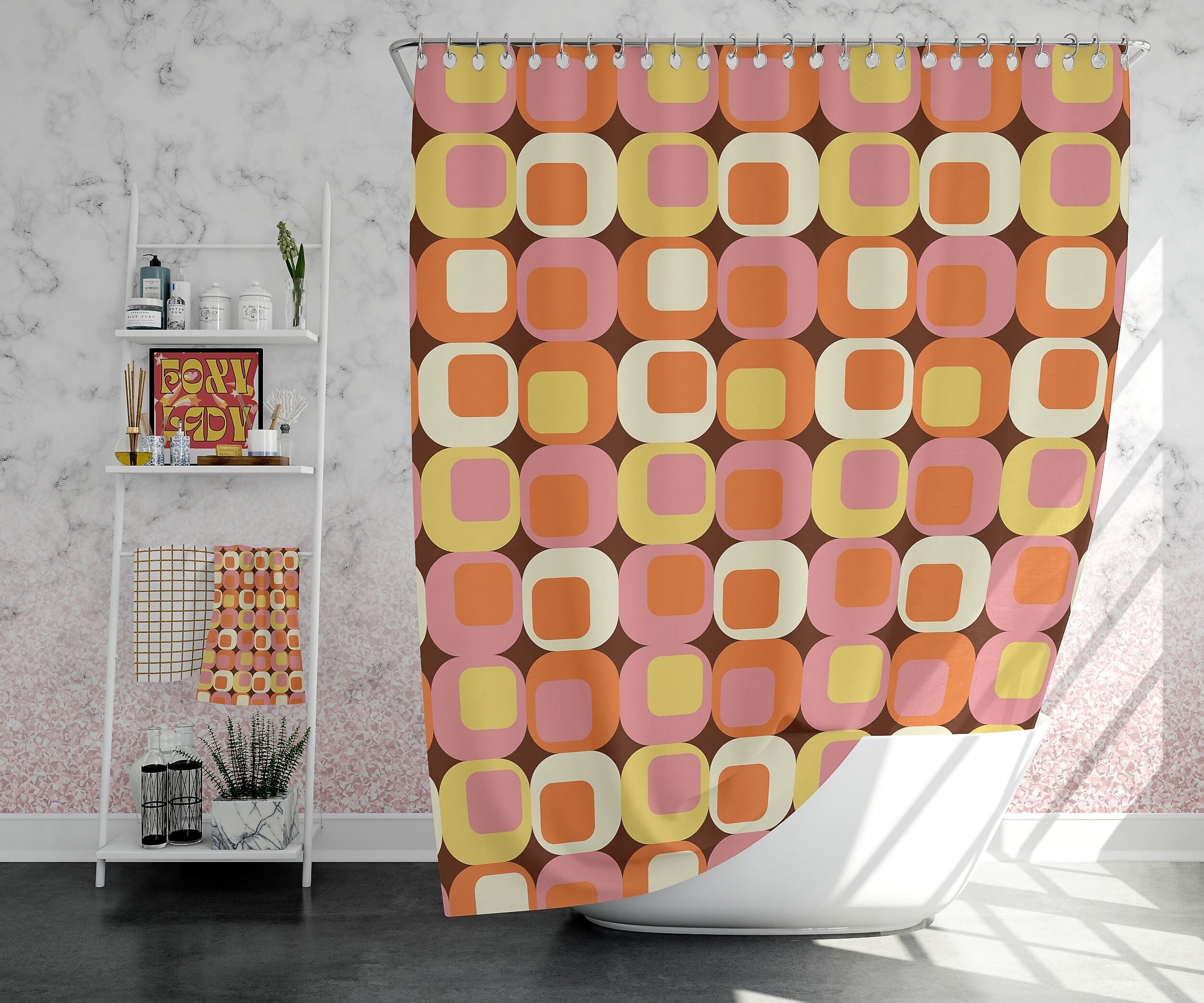 Retro Squares Mid Century Modern Shower Curtain for Vintage Bathroom