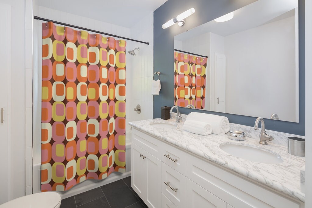 Retro Squares Mid Century Modern Shower Curtain for Vintage Bathroom