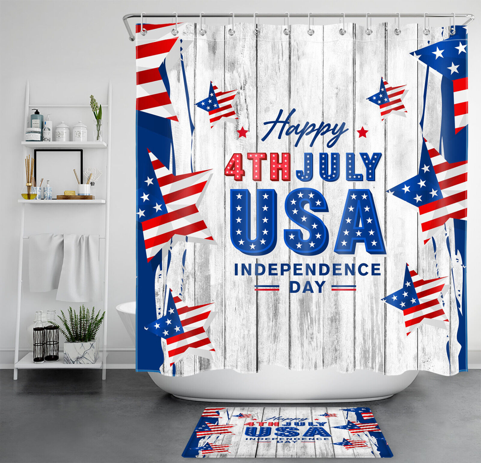 Retro Star Independence Day Shower Curtain for Bathroom - Patriotic Bath Accessories Set