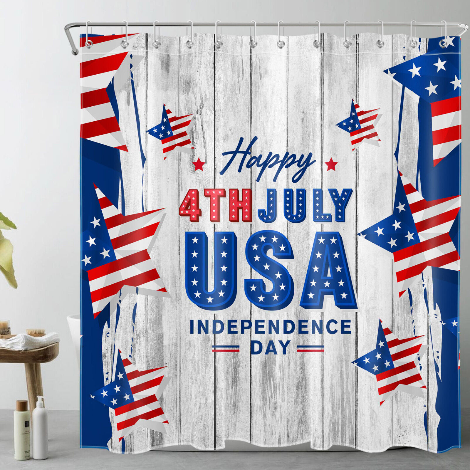 Retro Star Independence Day Shower Curtain for Bathroom - Patriotic Bath Accessories Set