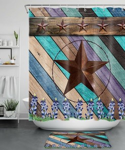 Retro Star Shower Curtain - Rustic Wood Board Texas Bathroom Decor