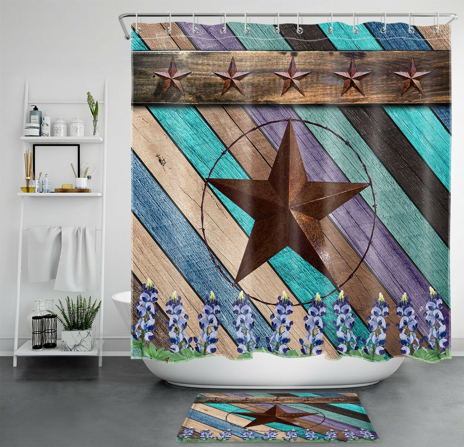 Retro Star Shower Curtain - Rustic Wood Board Texas Bathroom Decor