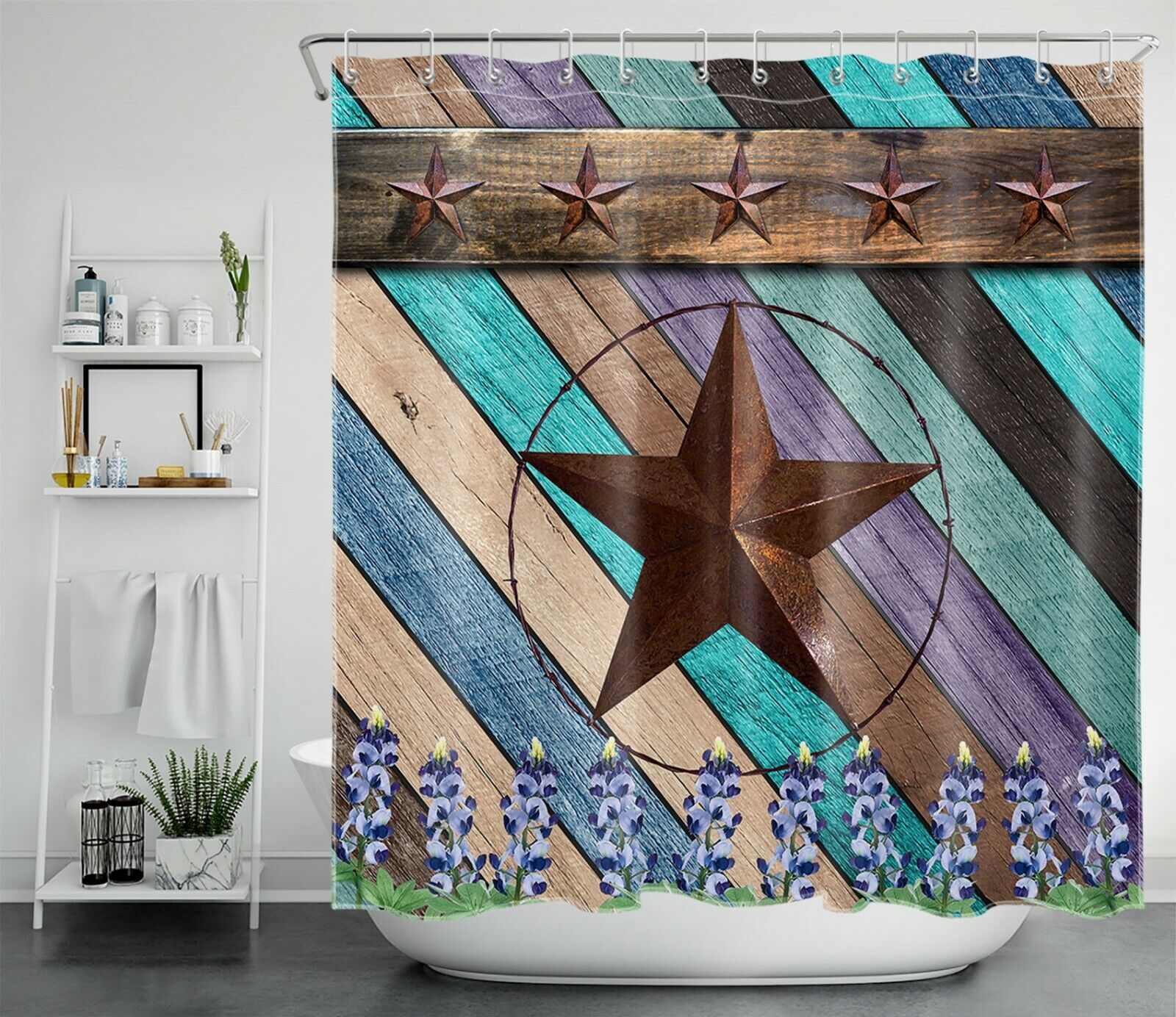 Retro Star Shower Curtain - Rustic Wood Board Texas Bathroom Decor - Image 2